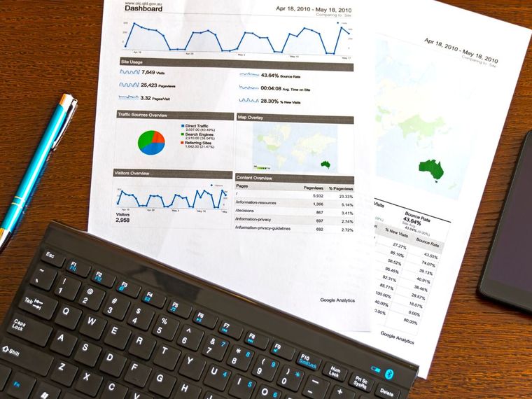 Investment portfolio reports and performance charts on a desk